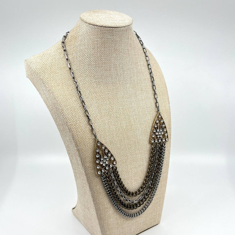 VTG Plunder Mixed Metal Tiered Drape Necklace Bronze & Silver Tone Rhinestone - Picture 12 of 15
